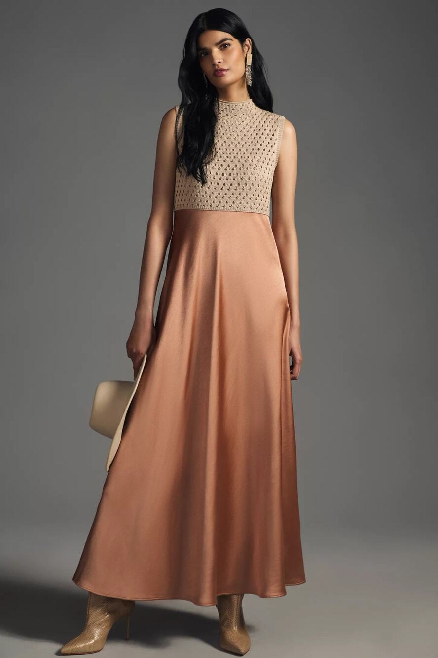 Mare Mare X Anthropologie Beige Terracotta Twofer Neck Satin Maxi Dress New XS 2